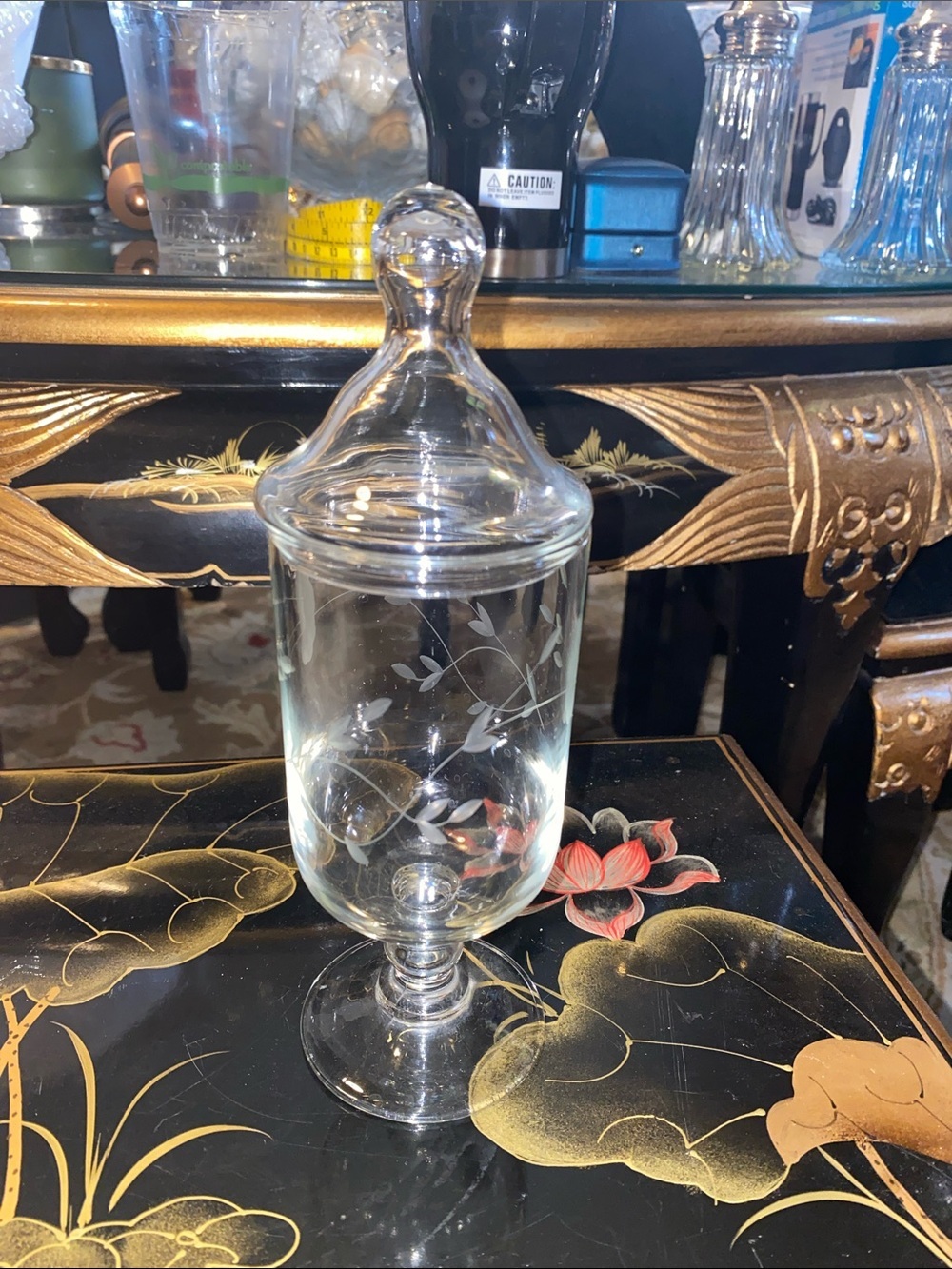 Princess House Etched Glass Apothecary Candy Jar with Lid - Clear